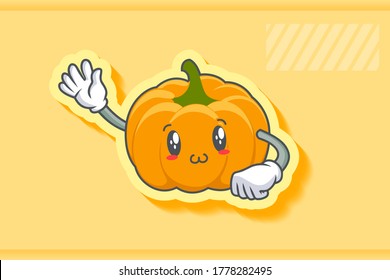 SMILING, HAPPY, UWU Face Emotion. Waving Hand Gesture. Yellow, Orange Pumpkin Fruit Cartoon Drawing Mascot Illustration.