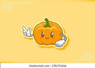 SMILING, HAPPY, UWU Face Emotion. Finger Gun Hand Gesture. Yellow, Orange Pumpkin Fruit Cartoon Drawing Mascot Illustration.