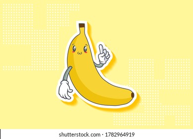 SMILING, HAPPY, UWU Face Emotion. Forefinger Hand Gesture. Banana Fruit Cartoon Drawing Mascot Illustration.