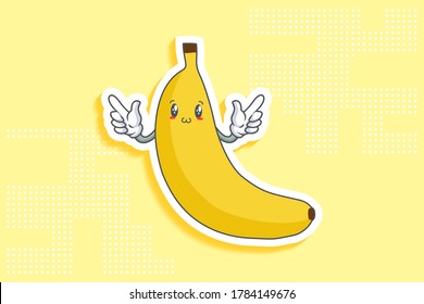 GLÜCK, GLÜCKLICH, UWU konfrontiert Emotion. Double Forefinger Handgun Gesture. Banana Fruit Cartoon Zeichnen Maskottabildung.