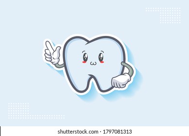 SMILING, HAPPY, UWU Face Emotion. Forefinger Handgun Gesture. Tooth Cartoon Drawing Mascot Illustration.