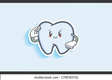 SMILING, HAPPY, UWU Face Emotion. Salute Handgun Gesture. Tooth Cartoon Drawing Mascot Illustration.