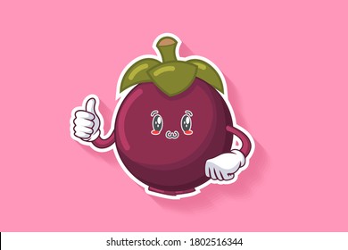 SMILING, HAPPY, UWU Face Emotion. Thumb up hand Gesture. Mangosteen Fruit Cartoon Drawing Mascot Illustration.