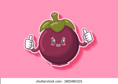 SMILING, HAPPY, UWU Face Emotion. Double Thumb Up Hand Gesture. Mangosteen Fruit Cartoon Drawing Mascot Illustration.