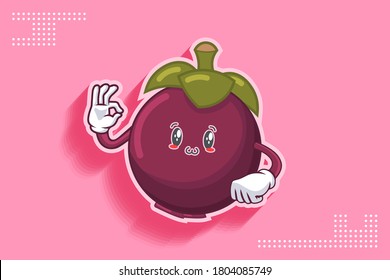 SONRIENDO, FELIZ, UWU ENFRENTA Emoción. Buen Gesto De Mano. Caricatura De Fruta De Mangosteen Dibujando Ilustración De Mascota.