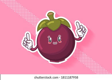 SMILING, HAPPY, UWU Face Emotion. Double Forefinger Hand Gesture. Mangosteen Fruit Cartoon Drawing Mascot Illustration.