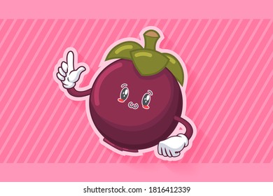 SONRIENDO, FELIZ, UWU ENFRENTA Emoción. Gesto de pistola. Caricatura De Fruta De Mangosteen Dibujando Ilustración De Mascota.