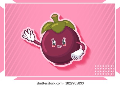 SONRIENDO, FELIZ, UWU ENFRENTA Emoción. Gesto de mano ondulante. Caricatura De Fruta De Mangosteen Dibujando Ilustración De Mascota.