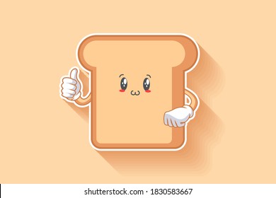 SMILING, HAPPY, UWU Face Emotion. Thumb up hand Gesture. Bread Food Cartoon Drawing Mascot Illustration.