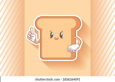 SMILING, HAPPY, UWU Face Emotion. Forefinger Gesture. Bread Food Cartoon Drawing Mascot Illustration.