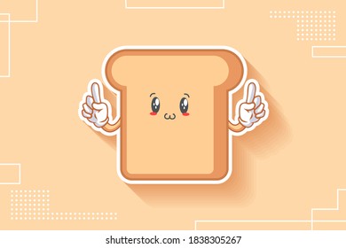 SMILING, HAPPY, UWU Face Emotion. Double Forefinger Gesture. Bread Food Cartoon Drawing Mascot Illustration.