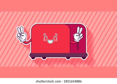 SMILING, HAPPY, UWU Face Emotion. Double Peace Finger Hand Gesture. Toaster Cartoon Drawing Mascot Illustration.