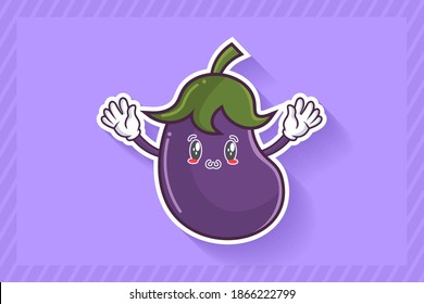 SMILING, HAPPY, UWU Face Emotion. Waving Hand Gesture. Eggplant vegetable Cartoon Drawing Mascot Illustration.