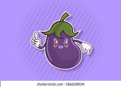 SMILING, HAPPY, UWU Face Emotion. Forefinger Hand Gesture. Eggplant vegetable Cartoon Drawing Mascot Illustration.
