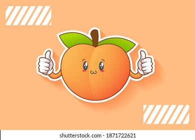 SMILING, HAPPY, UWU Face Emotion. Double Thumb Up Finger Hand Gesture. Peach Fruit Cartoon Drawing Mascot Illustration.