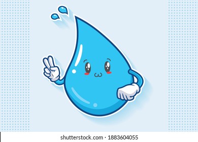 SONRIENDO, FELIZ, UWU ENFRENTA Emoción. Gesto de la mano de la paz. Dibujo de dibujos animados de Water Drop Ilustración de mascota.