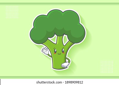 SMILING, HAPPY, UWU Face Emotion. Waving Hand Gesture. Broccoli Vegetable Cartoon Drawing Mascot Illustration.