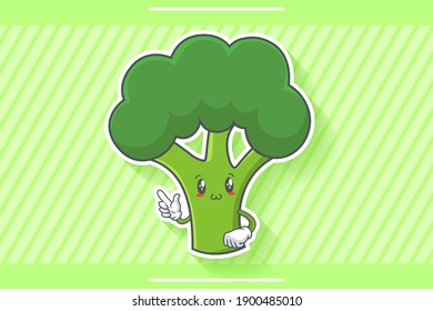 SMILING, HAPPY, UWU Face Emotion. Forefinger Handgun Gesture. Broccoli Vegetable Cartoon Drawing Mascot Illustration.
