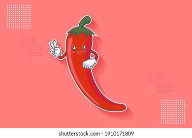 SMILING, HAPPY, UWU Face Emotion. Peace Finger Hand Gesture. Chili Vegetable Cartoon Drawing Mascot Illustration.