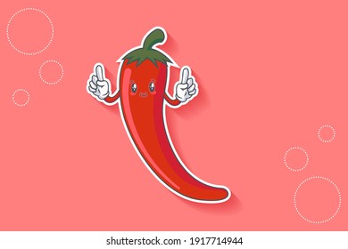 SMILING, HAPPY, UWU Face Emotion. Double Forefinger Hand Gesture. Chili Vegetable Cartoon Drawing Mascot Illustration.