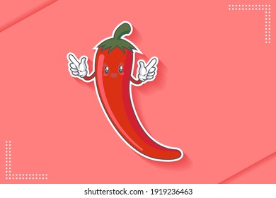 SMILING, HAPPY, UWU Face Emotion. Double Forefinger Handgun Gesture. Chili Vegetable Character Cartoon Drawing Mascot Illustration.