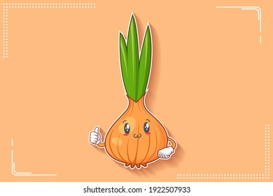 SMILING, HAPPY, UWU Face Emotion. Salute, Thumb up Hand Gesture. Onion, Garlic Vegetable Character Cartoon Drawing Mascot Illustration.