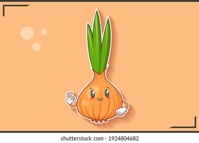 SMILING, HAPPY, UWU Face Emotion. Nice Finger Hand Gesture. White Onion, Garlic Vegetable Character Cartoon Drawing Mascot Illustration.