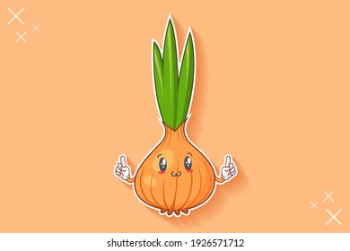 SMILING, HAPPY, UWU Face Emotion. Forefinger Hand Gesture. Onion, Garlic Vegetable Character Cartoon Drawing Mascot Illustration.