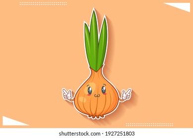 GLÜCK, GLÜCKLICH, UWU konfrontiert Emotion. Double Handgun Finger Gesture. Zwiebeln, Knoblauch Gemüsegarantie Cartoon Zeichnung Maskottabbild.