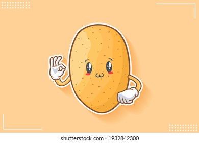 SMILING, HAPPY, UWU Face Emotion. Nice Hand Gesture. Potato Vegetable Character Cartoon Drawing Mascot Illustration.
