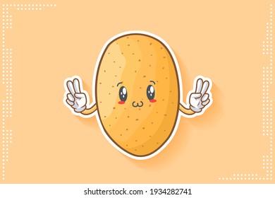 SMILING, HAPPY, UWU Face Emotion. Double Peace Finger Gesture. Potato Vegetable Character Cartoon Drawing Mascot Illustration.