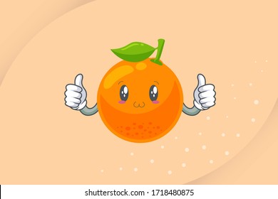 SMILING, HAPPY, UWU Face. Ok, Excellent, Double Thumb Up Gesture. Orange Citrus Fruit Cartoon Mascot Illustration.