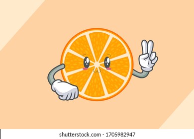 SMILING, HAPPY, UWU Face. Peace Finger Gesture. Mascot Illustration. Slice Orange Citrus Fruit Cartoon.