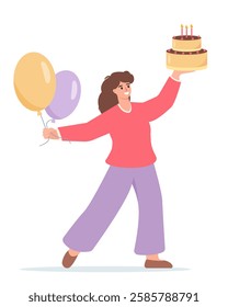 Smiling happy woman with birthday cake and balloons. Female character celebrating. Fun birthday, Party, holiday, sale concept. Vector illustration.