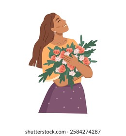 Smiling happy woman with bouquet. Vector flat cartoon character, isolated girl with florist composition given as present for holiday. Anniversary or date, birthday or special occasion in life