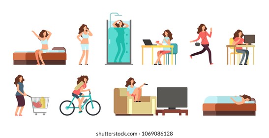 Smiling happy woman in everyday life. Active girl normal daily routine vector cartoon lifestyle characters set. Illustration daily, everyday life girl, sleeping and shower, breakfast and shopping