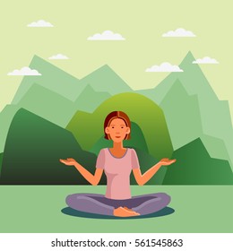 Smiling and happy woman in the lotus position. Beautiful mountain landscape with pine forest. Nature, camping, travel, vacation and holiday vector concept