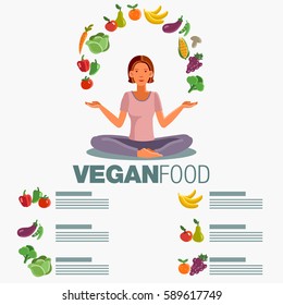 Smiling and happy woman in the lotus position with fruits and vegetables. Healthy food, vegan, vegetarian and yoga vector concept