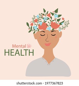 Smiling happy woman. Mental health concept. Hand drawn vector illustration on beige background