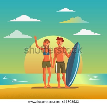 Smiling, happy, young couple with surfboard on beach. Travel, vacation, holidays and adventure vector concept illustration. Beach sunset background. Poster design style