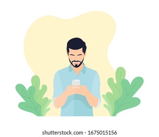 Smiling happy young man with beard holding and looking or staring at white phone or smartphone. Guy chat online. Internet conversation. Customer service concept - Simple flat vector illustration.