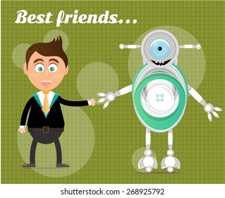 Smiling, happy, young, standing, man with modern robot, text Best Friends, green background with pattern