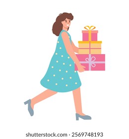 Smiling happy young woman carrying gifts. Female character and gift boxes with presents. Birthday party, holiday, sale and christmas concept. Vector characters vector illustration.