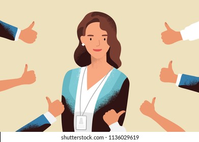 Smiling happy young woman surrounded by hands with thumbs up. Concept of public approval, acknowledgment, recognition, acceptance and appreciation. Colorful vector illustration in flat cartoon style