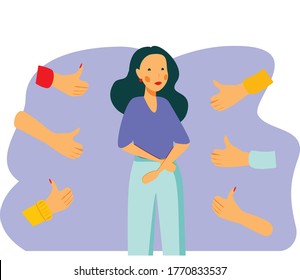  Smiling happy young woman surrounded by hands with thumbs up. Concept of public approval, acknowledgment, recognition, acceptance and appreciation. Colorful vector illustration in flat cartoon style.