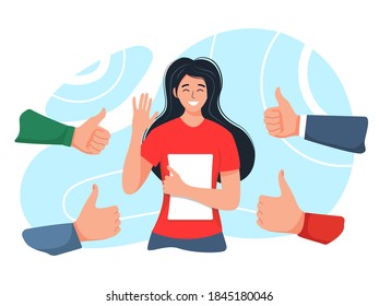 Smiling happy young woman surrounded by hands with thumbs up. The concept of public approval, recognition, acceptance and appreciation. vector illustration in cartoon flat style.

