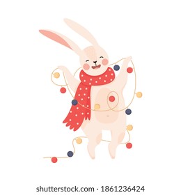 Smiling Hare as New Year Character with Long Ears in Warm Scarf Holding Garland or Christmas-tree Set Vector Illustration
