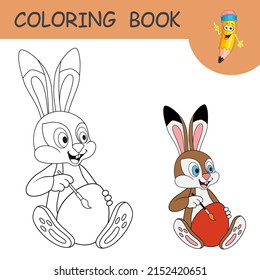 Smiling Hare sitting and painting brush Easter egg. Coloring book with Easter Rabbit and egg. Colorless and color samples. Template of coloring page or practice worksheet for kids. Happy Easter.