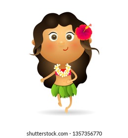 Smiling Hawaiian girl dancing. Hawaiian woman in leaves skirt and flower lei. Can be used for topics like island, vacation, summer