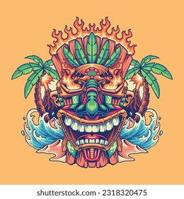 smiling hawaiian tiki mask illustration for tshirt design, logo, or stickers.